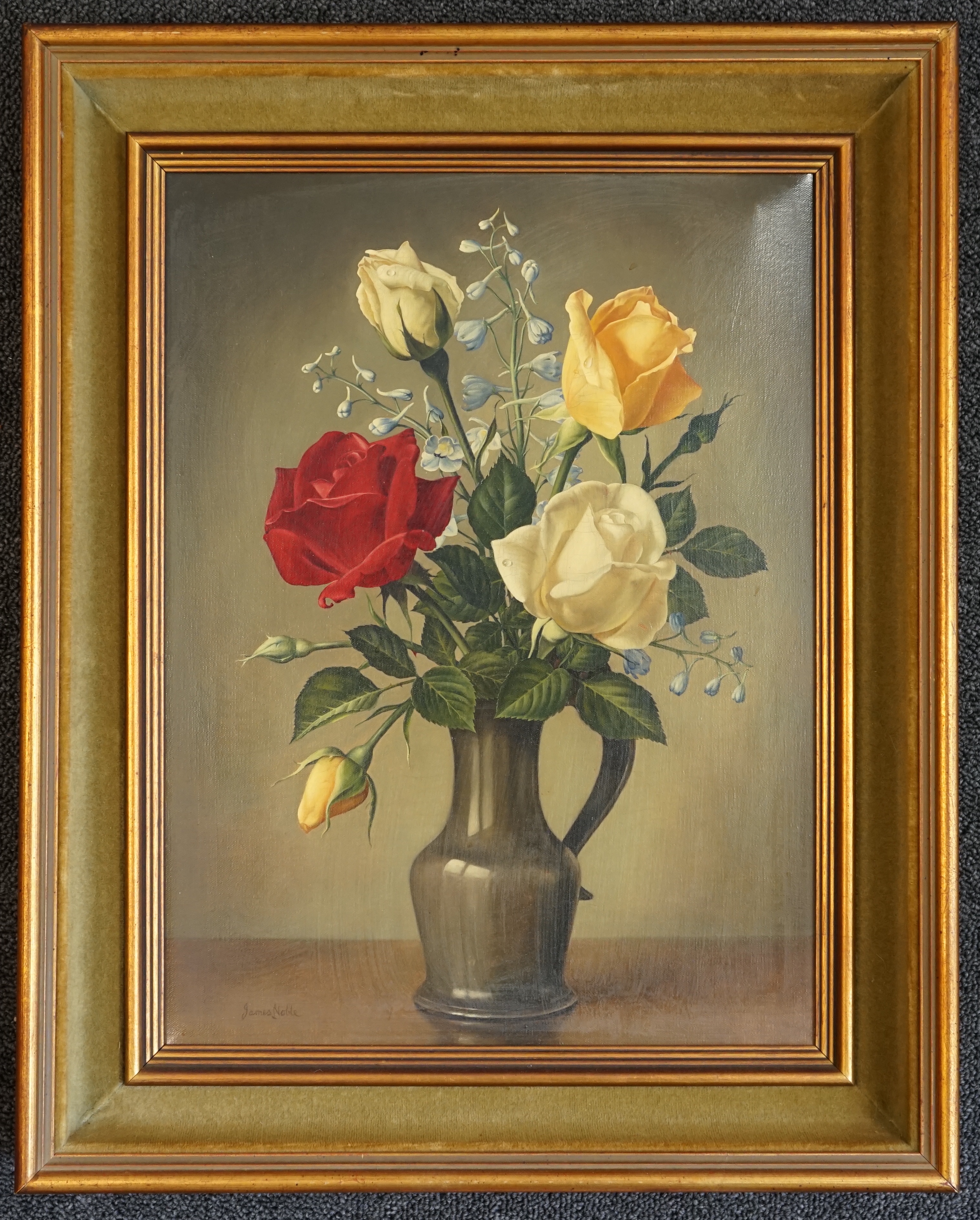 James Noble (1919-1989), oil on canvas, Roses in a pewter jug, signed, Stacy Marks label verso, 40 x 30cm